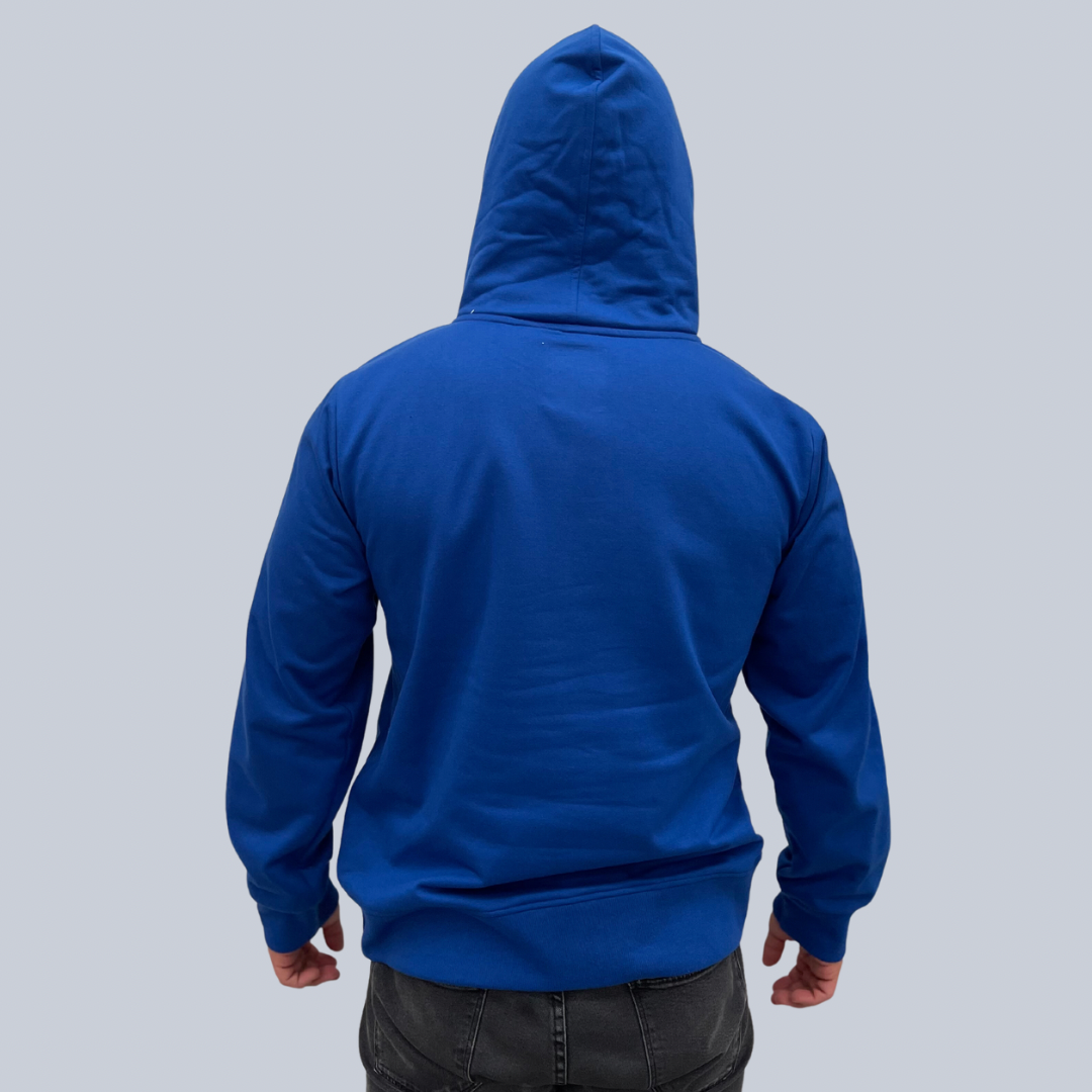 Hoodie azul encendido con capota, bolsillo y estampado