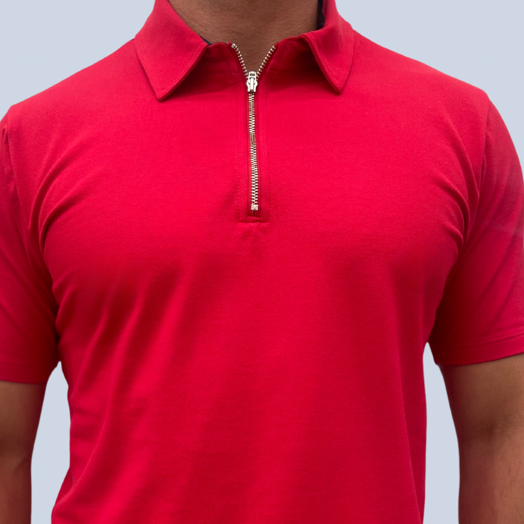 Camiseta Polo roja manga corta con cremallera frontal