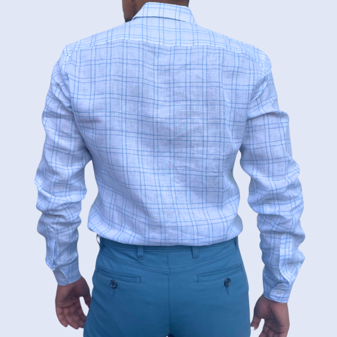 Camisa manga larga a cuadros azul con cuello sport collar