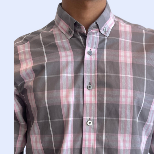 Camisa manga larga a cuadros rosa con cuello sport collar