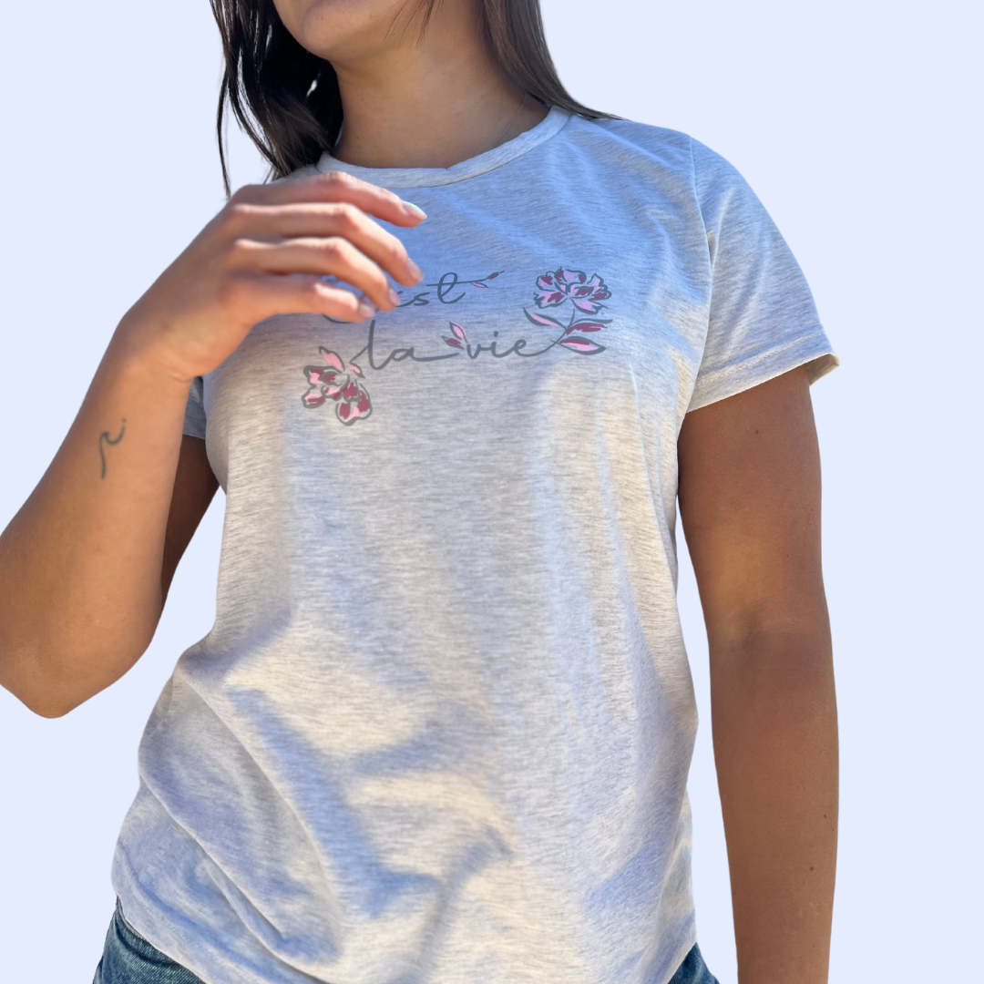 Camiseta Gris de Algodón para Mujer con Estampado