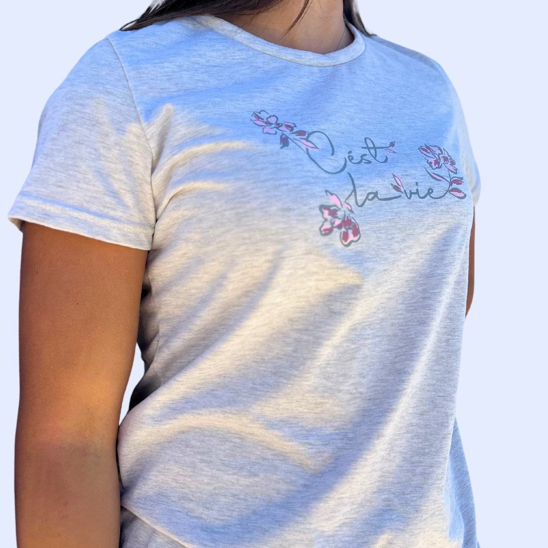 Camiseta Gris de Algodón para Mujer con Estampado